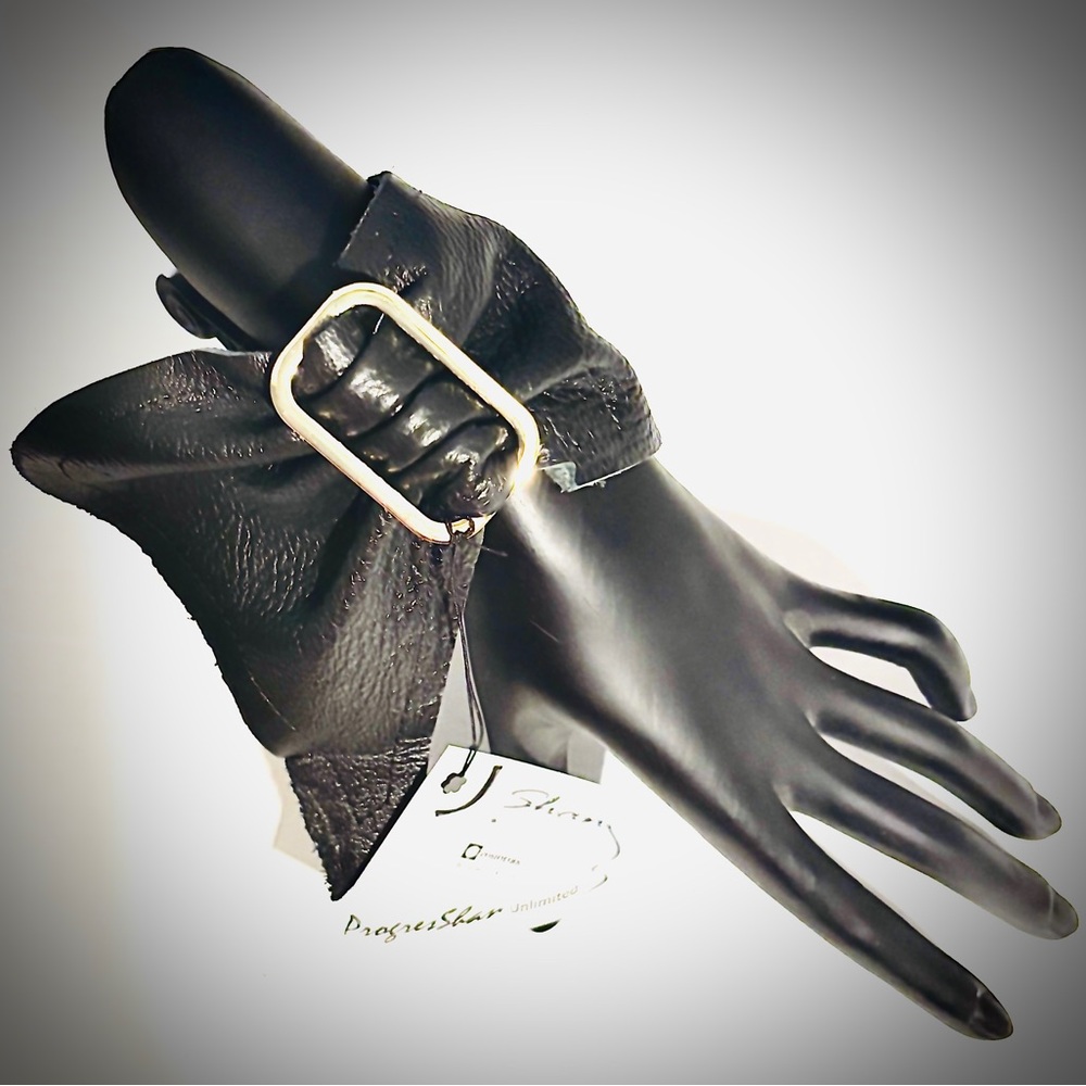 Black Leather Bracelet with Gold Buckle